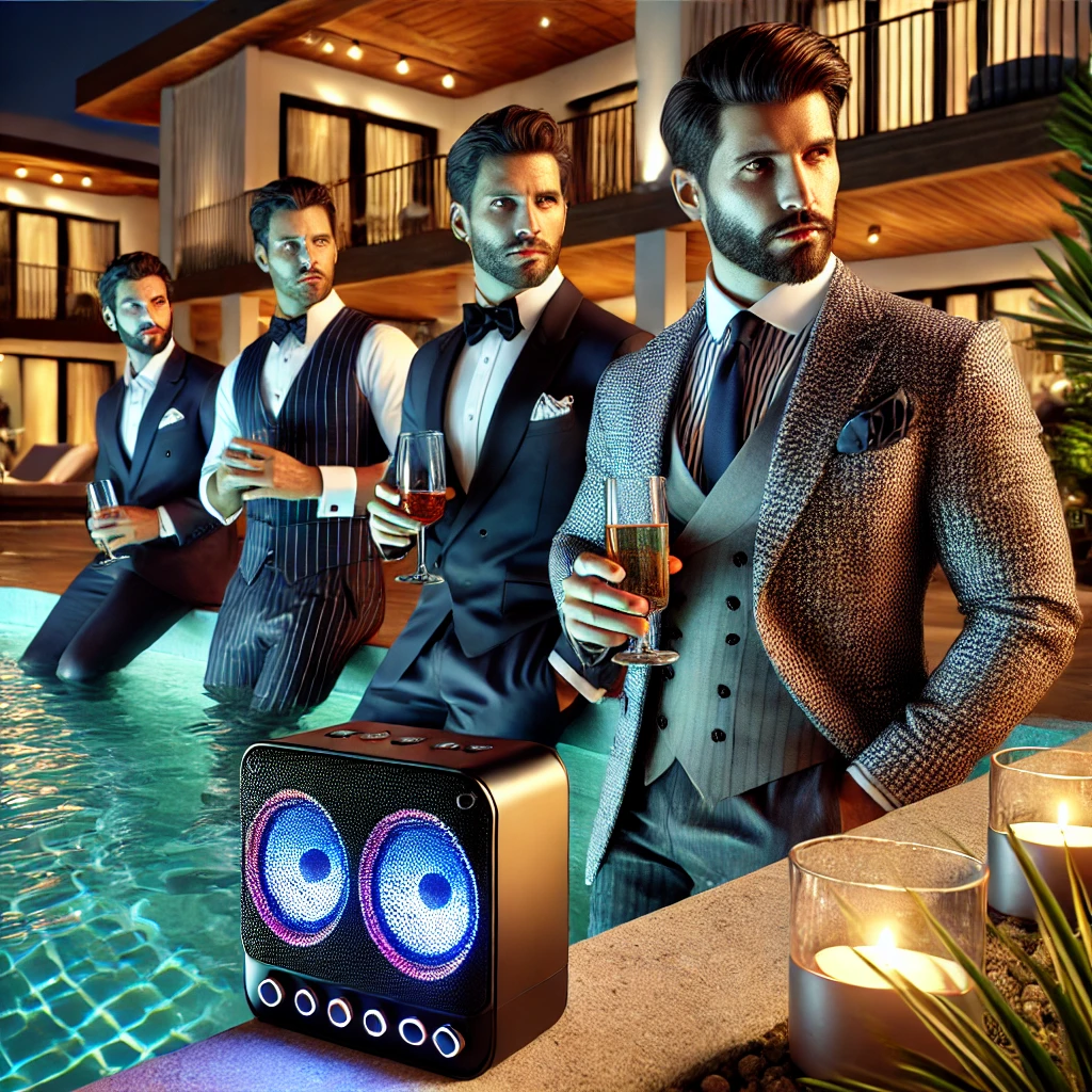 Luxury Bluetooth speaker with LED lights at a poolside party, providing immersive sound and vibrant lighting effects